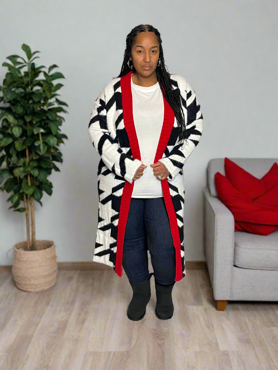 HOUNDTOOTH PATTERN FRONT OPEN LONG CARDIGAN