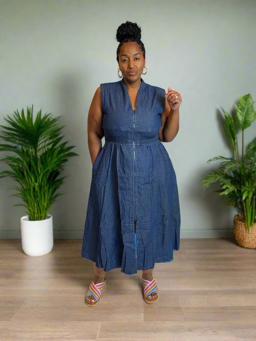 Denim V Neck Midi Zip Dress
