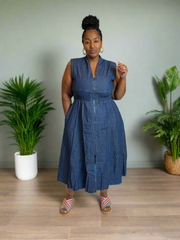 Denim V Neck Midi Zip Dress