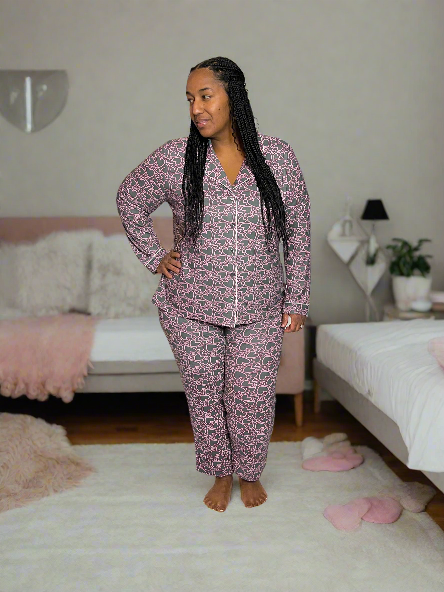 Long Sleeve Heart Print Pajama Set