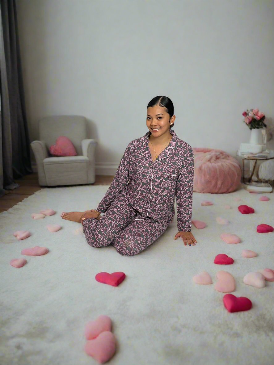 Long Sleeve Heart Print Pajama Set