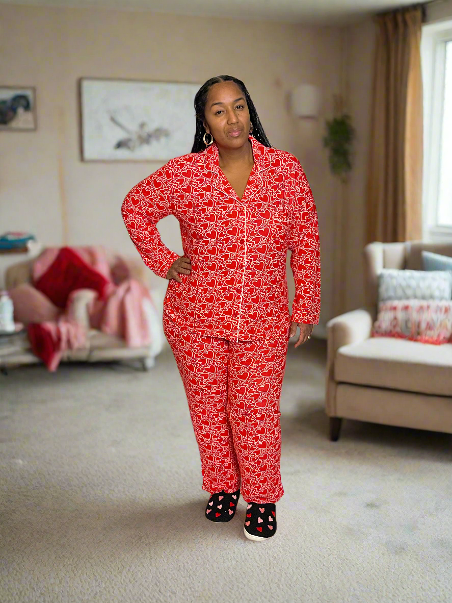 Long Sleeve Heart Print Pajama Set