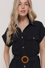 Short Sleeve Belted Shirt Dress – Air Wash Button Down Midi Dress