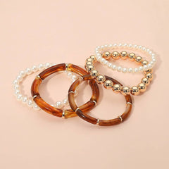 Resin Bar Pearl Metal Ball Beaded Stretch Multi Layered Bracelets