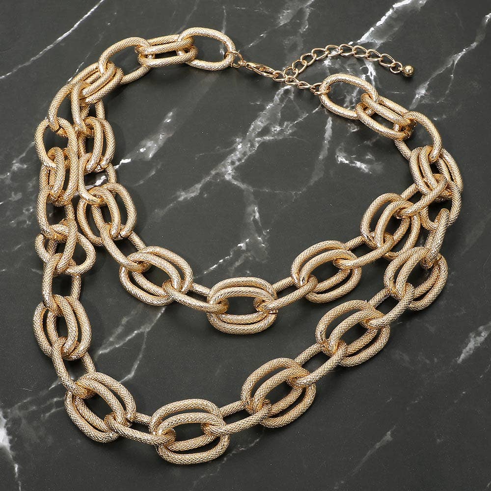 Chunky Textured Link Double Layered Statement Necklace