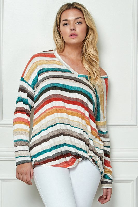 Plus Size Stripe Mix V-Neck Twist Top