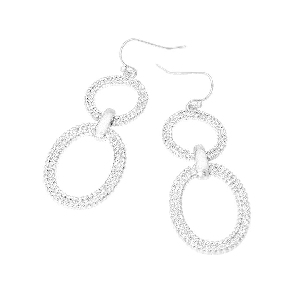 Textured Metal Circle Oval Ring Link Drop Earrings