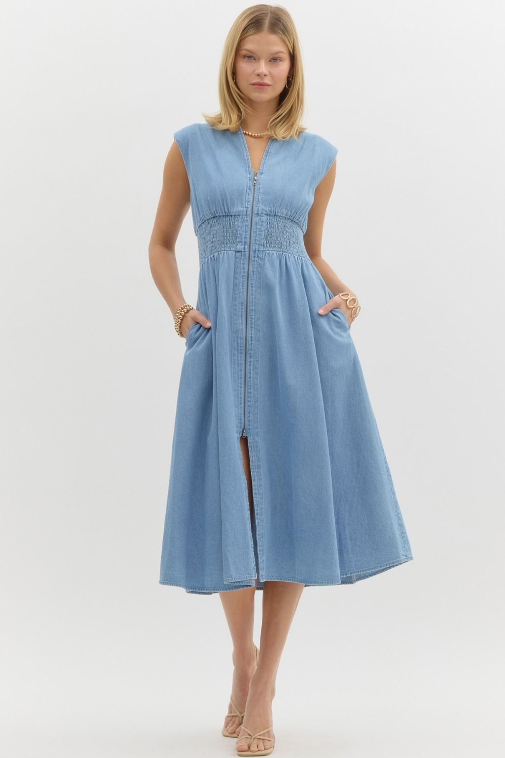 Denim V Neck Midi Zip Dress