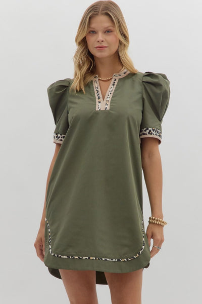 Puff Sleeve Animal Trim Mini Dress