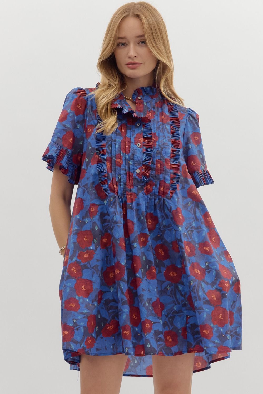 Floral Pintuck Ruffle Mini Dress