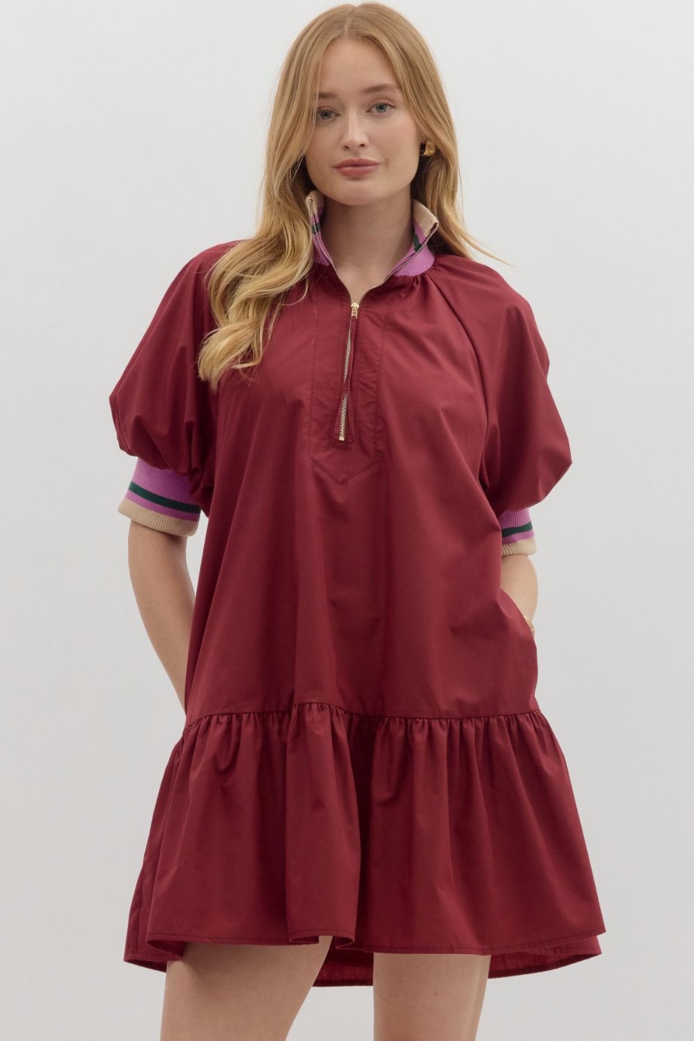 Puff Sleeve Colorband Mini Dress