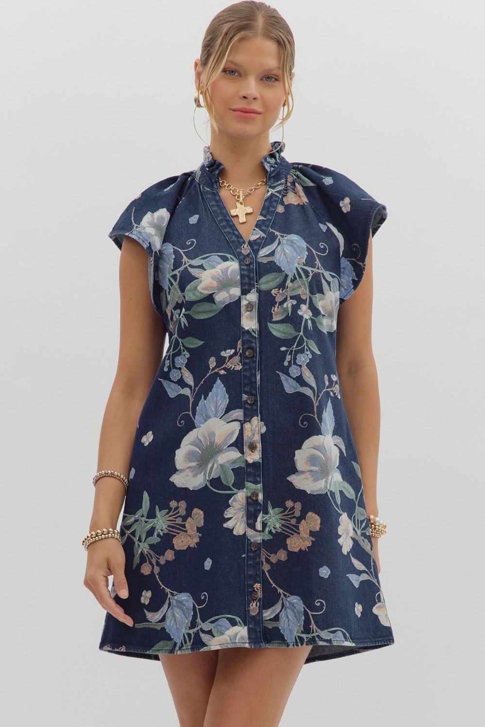 Floral Denim Flutter Mini Dress