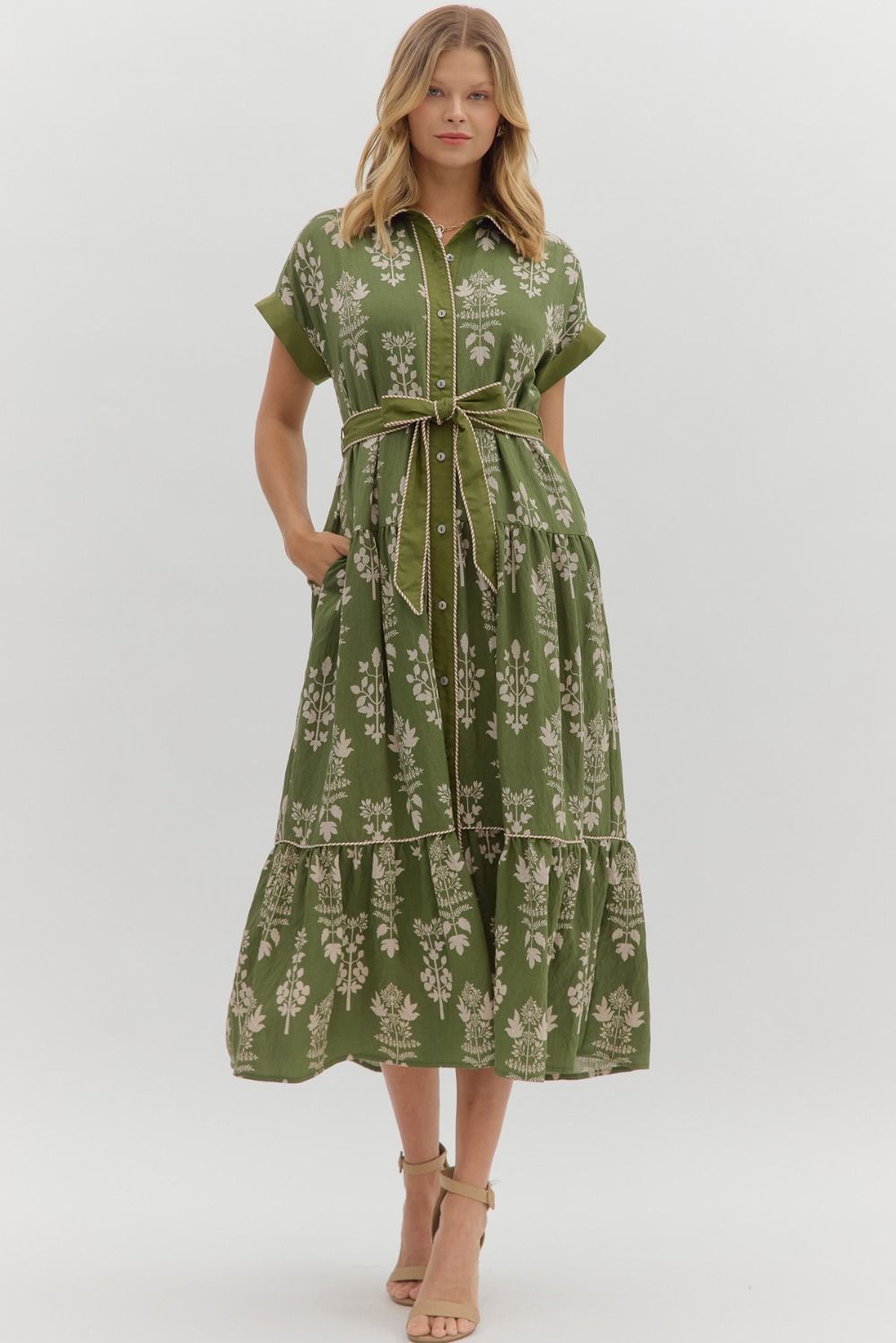 Botanical Stripe-Trim Midi Dress