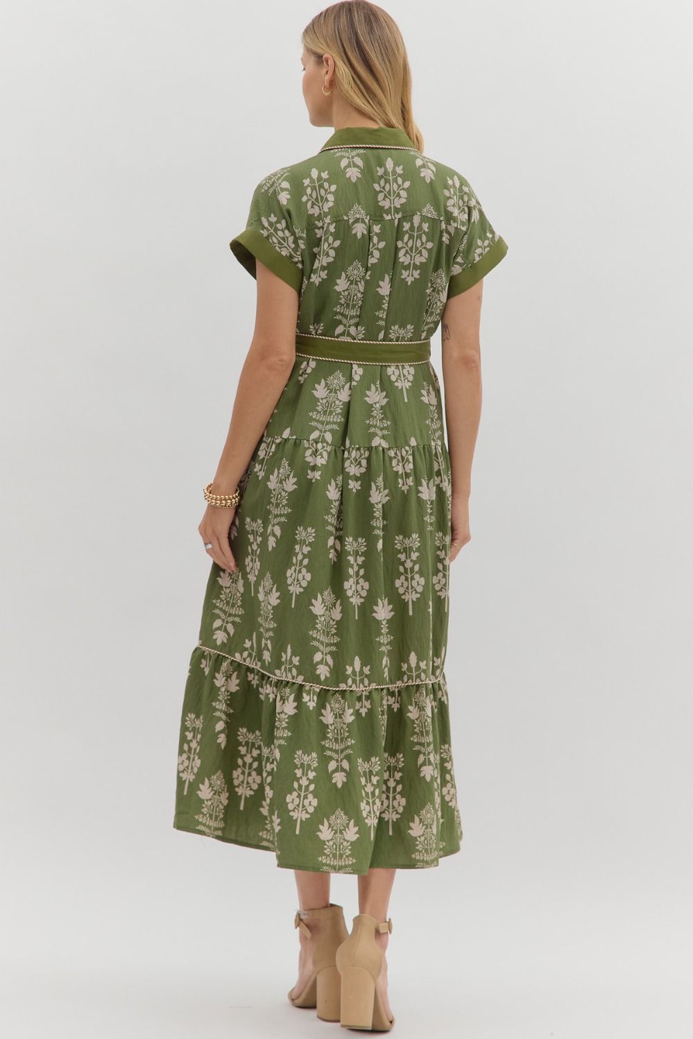 Botanical Stripe-Trim Midi Dress