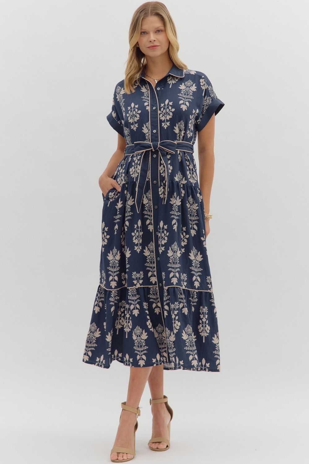Botanical Stripe-Trim Midi Dress