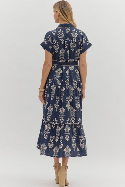 Botanical Stripe-Trim Midi Dress