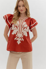 Embroidered Appliqué Flutter Sleeve Top
