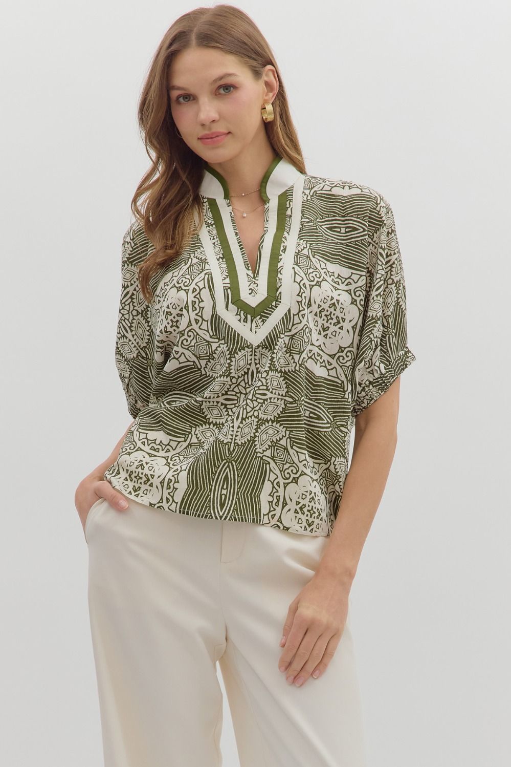 Multi-Pattern Caftan V-Neck Top