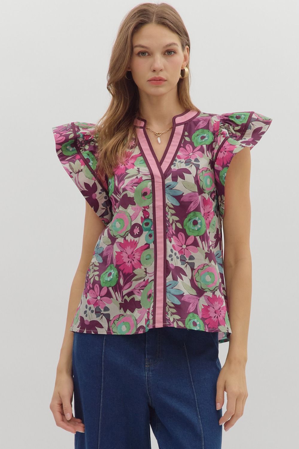 Multi-Floral Ruffle Sleeve V-Neck Top