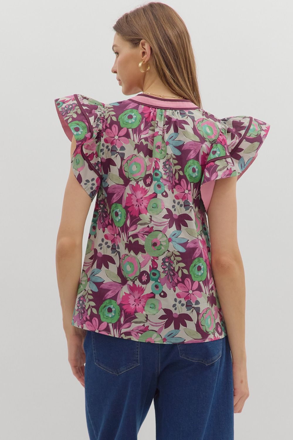Multi-Floral Ruffle Sleeve V-Neck Top
