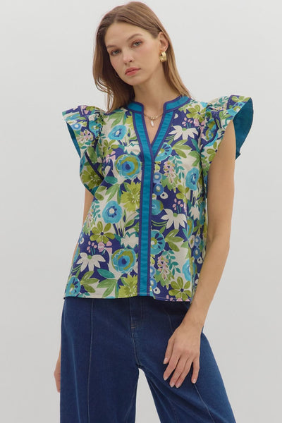 Multi-Floral Ruffle Sleeve V-Neck Top