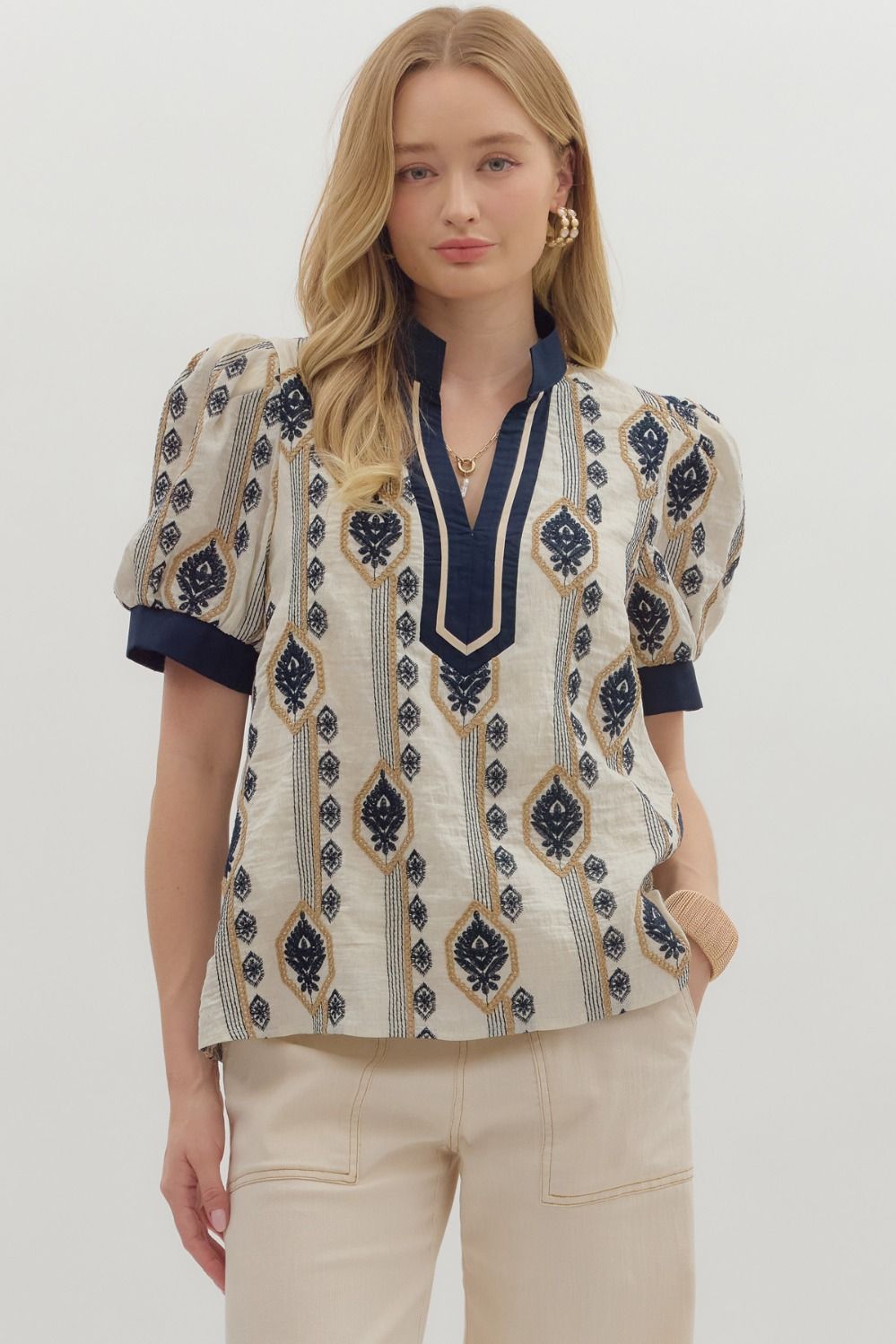 Abstract Embroidered Puff Sleeve Top