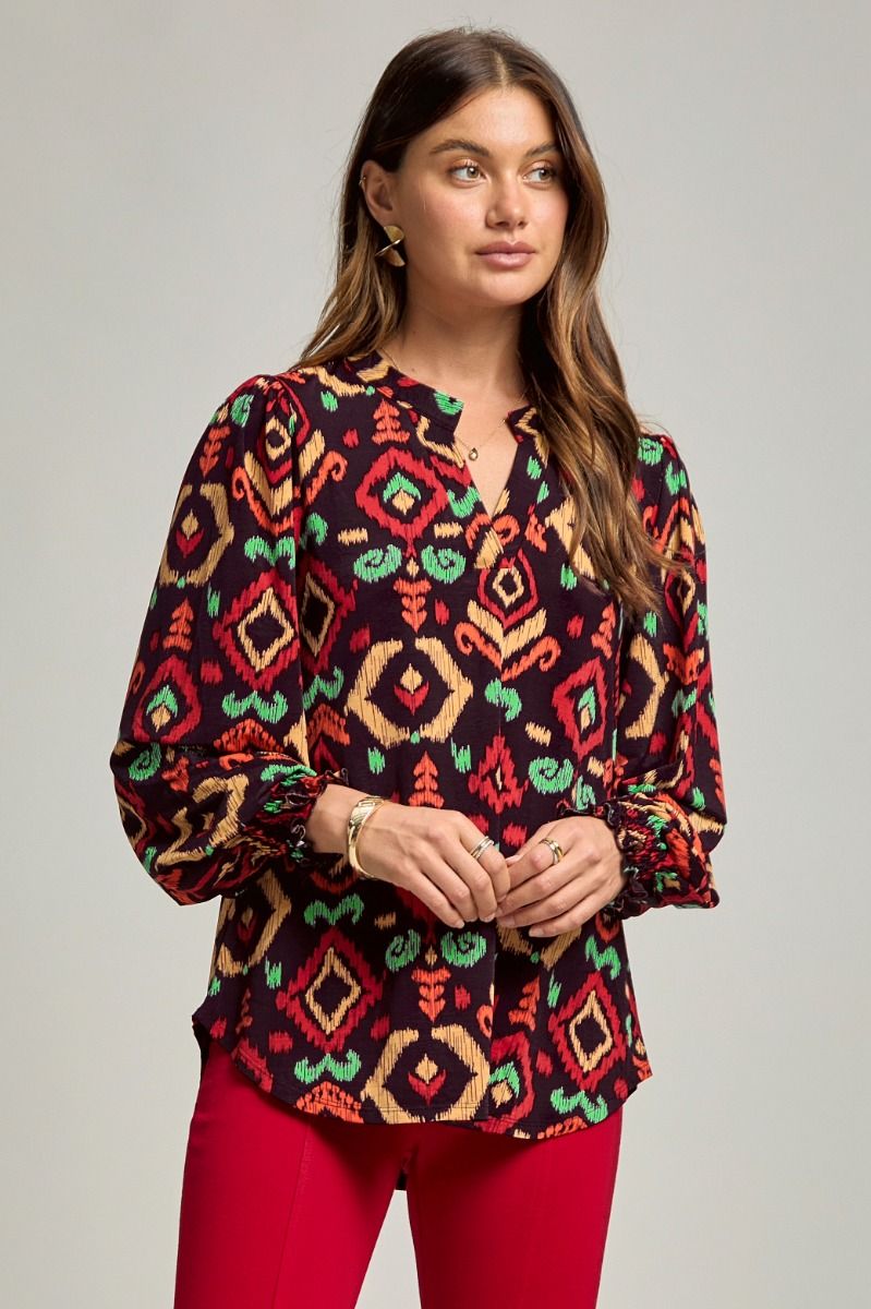 Lizzy Smocked Sleeve Blouse – Multicolor Ikat Print Wine